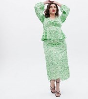 New Look Curves Green Zebra Print Satin Midi Skirt